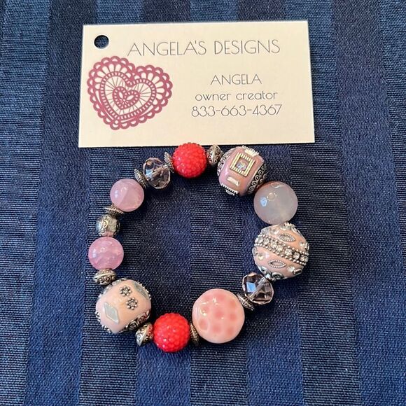 NWT Angelas Designs handmade stretchy Pink silver beaded bracelet - Picture 3 of 11